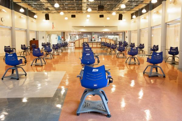 Image from Spaces and Signs (COVID-19) - Chairs are spaced 6 feet apart in the cafeteria. Chairs...