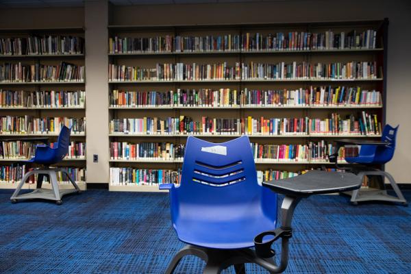Image from Spaces and Signs (COVID-19) - Chairs are spaced six feet apart in the library. Chairs...