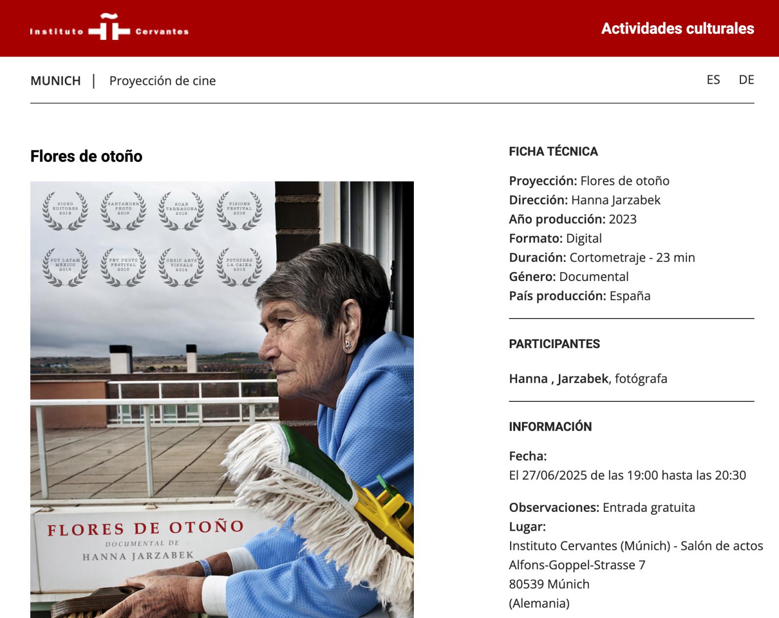 "The Autumn Flowers" documentary in Instituto Cervantes in Munich