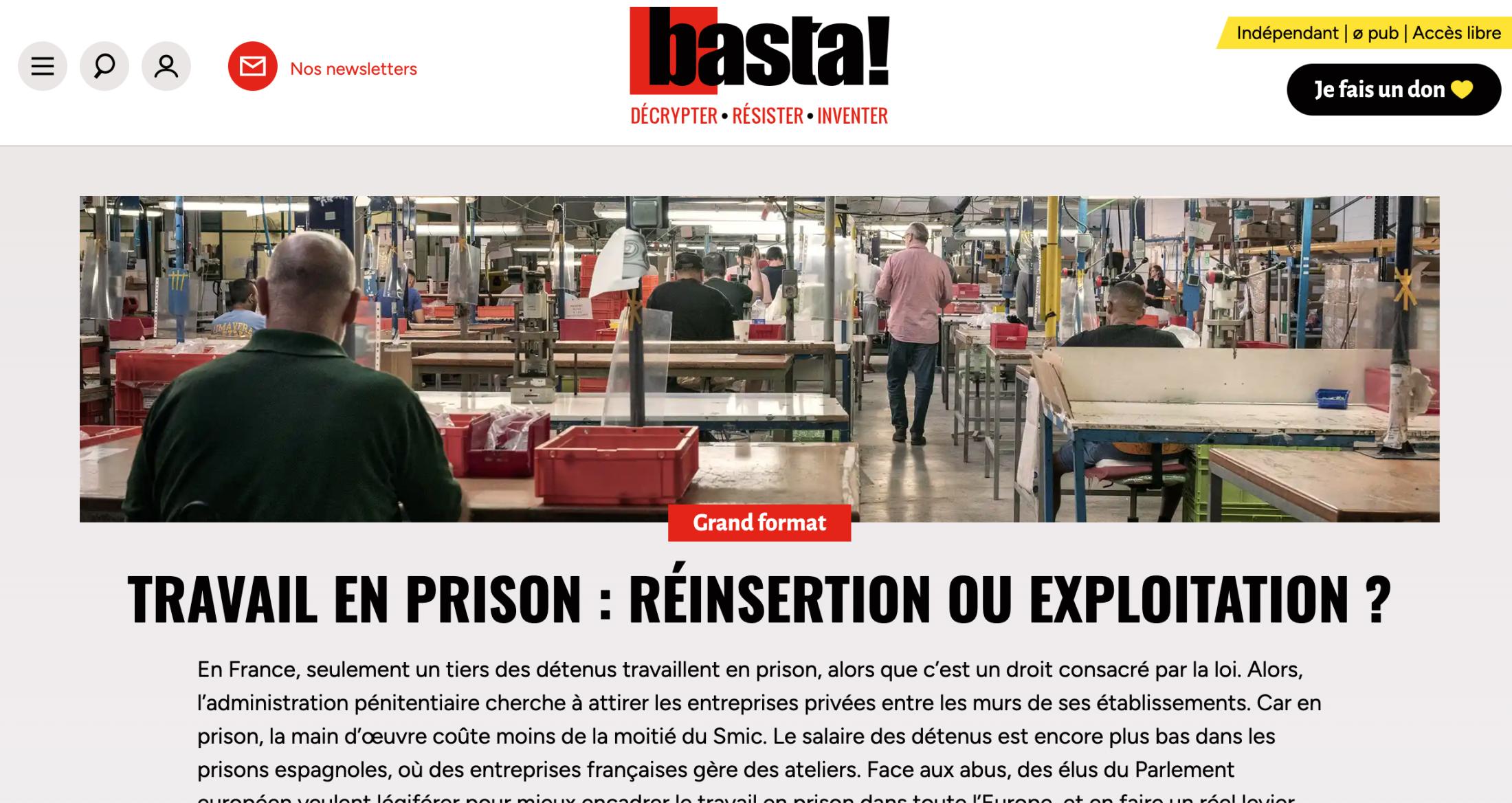 Work in the European Prisons published in BASTA! (France)