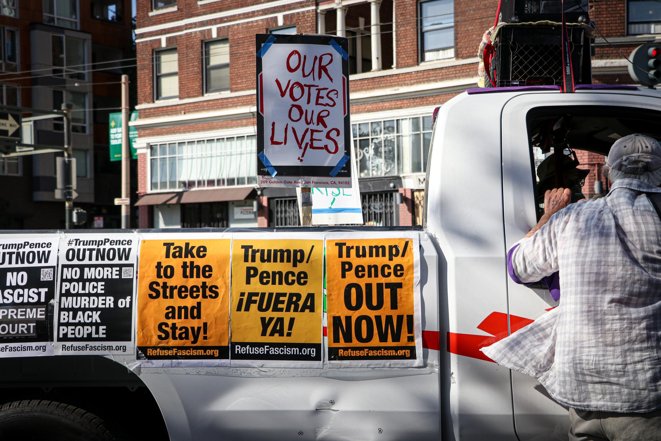 Democracy March SF - A truck carrying supplies such as water bottles for the...