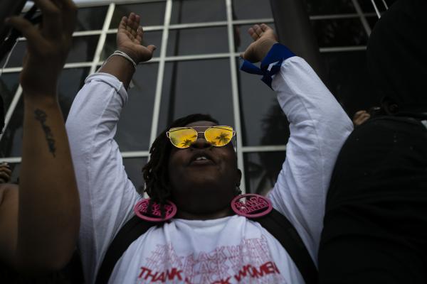 A protestors yells chants as gathers at City of Fort Lauderdale Police Department during a rally in response to the recent death of George Floyd in Fort Lauderdale, Florida on May 31, 2020. Eva Marie UZCATEGUI