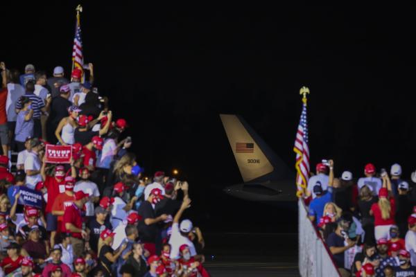 US President Donald Trump arrives with a plane to hold a rally to address his supporters at Miami-Opa Locka Executive Airport in Miami, Florida, United States on November 1, 2020.