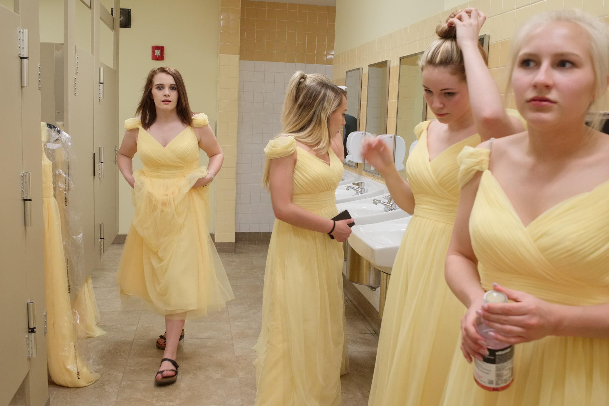 Contestants of the 62nd Apple Blossom Cotillion in the dressing-room of the gymnasium of the Riverside Middle School, getting ready for their first...