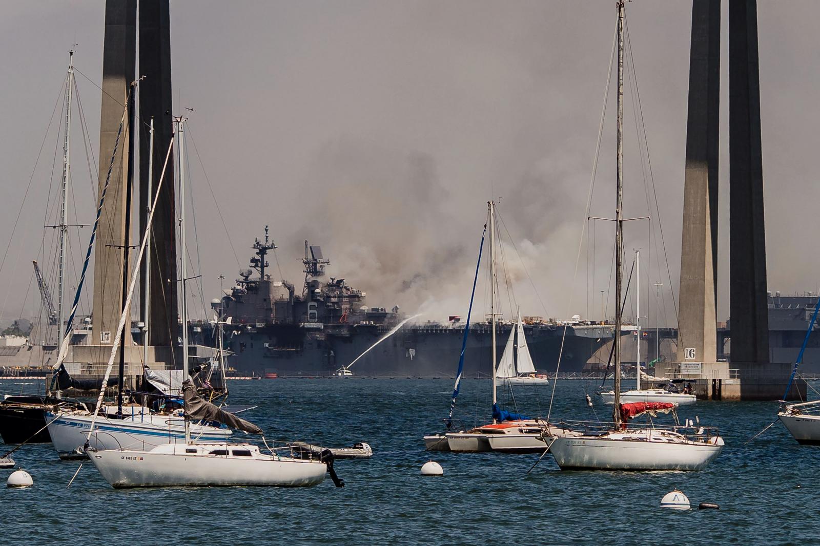 View of emergency crews responding to the scene of a fire aboard the USS Bonhomme Richard in San Diego, California on July 12, 2020.