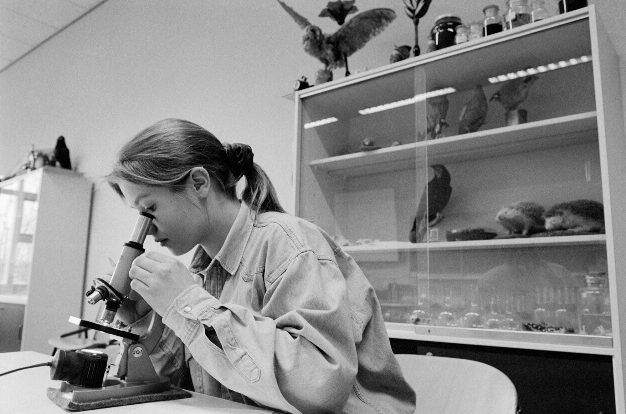 Mirjam attends a biology lesson at the agricultural school. Gouda, The Netherlands. March 1995.