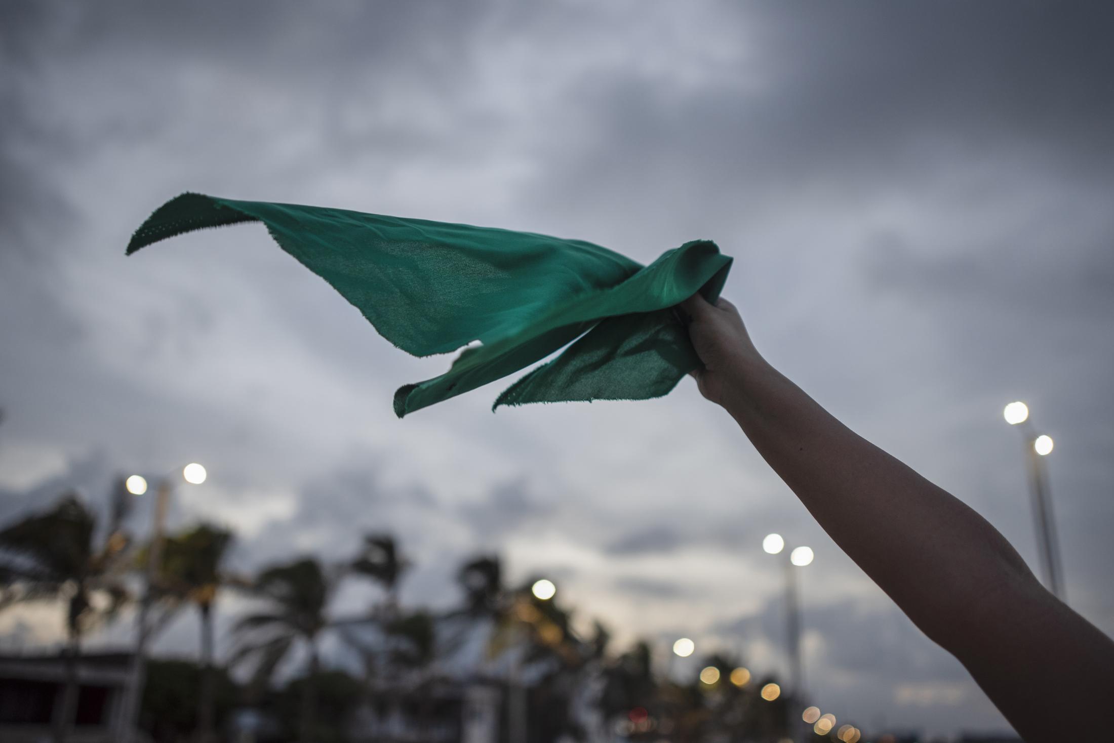 Una mujer agita un pa&ntilde;uelo verde durante la manifestaci&oacute;n convocada por...