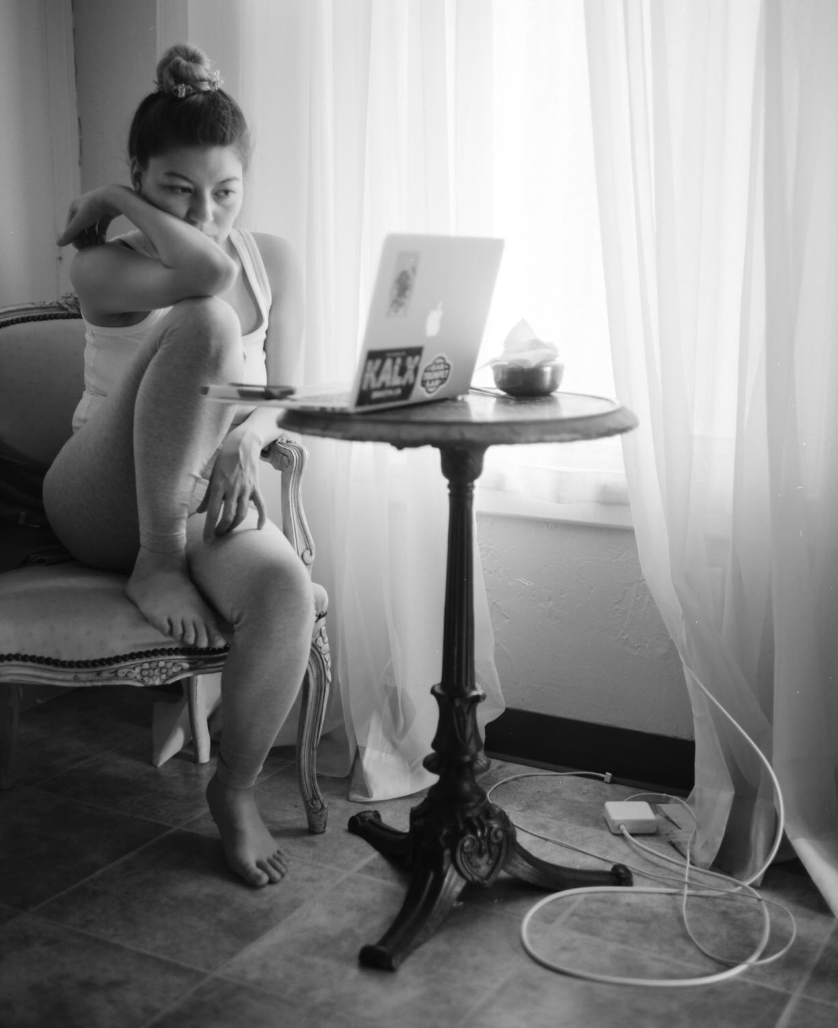 Katherine In Covid - On her computer in the morning of April 26 in the...