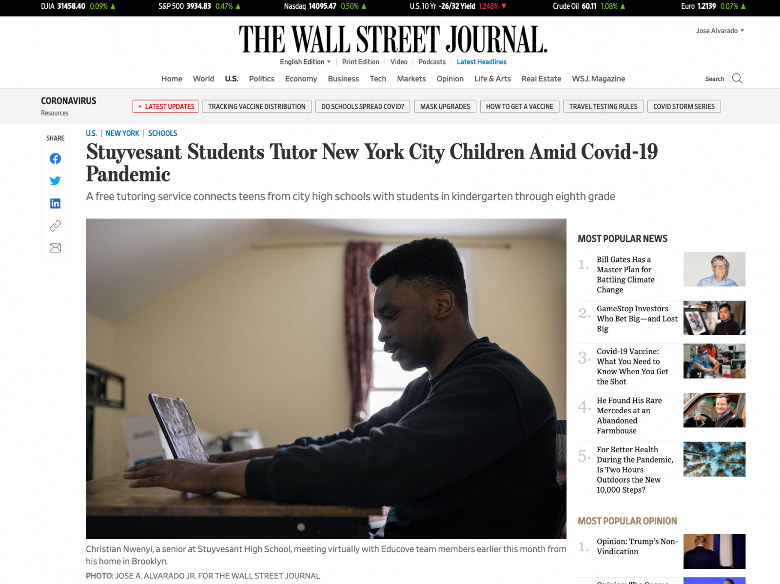 for The Wall Street Journal: Stuyvesant Students Tutor New York City Children Amid Covid-19 Pandemic 