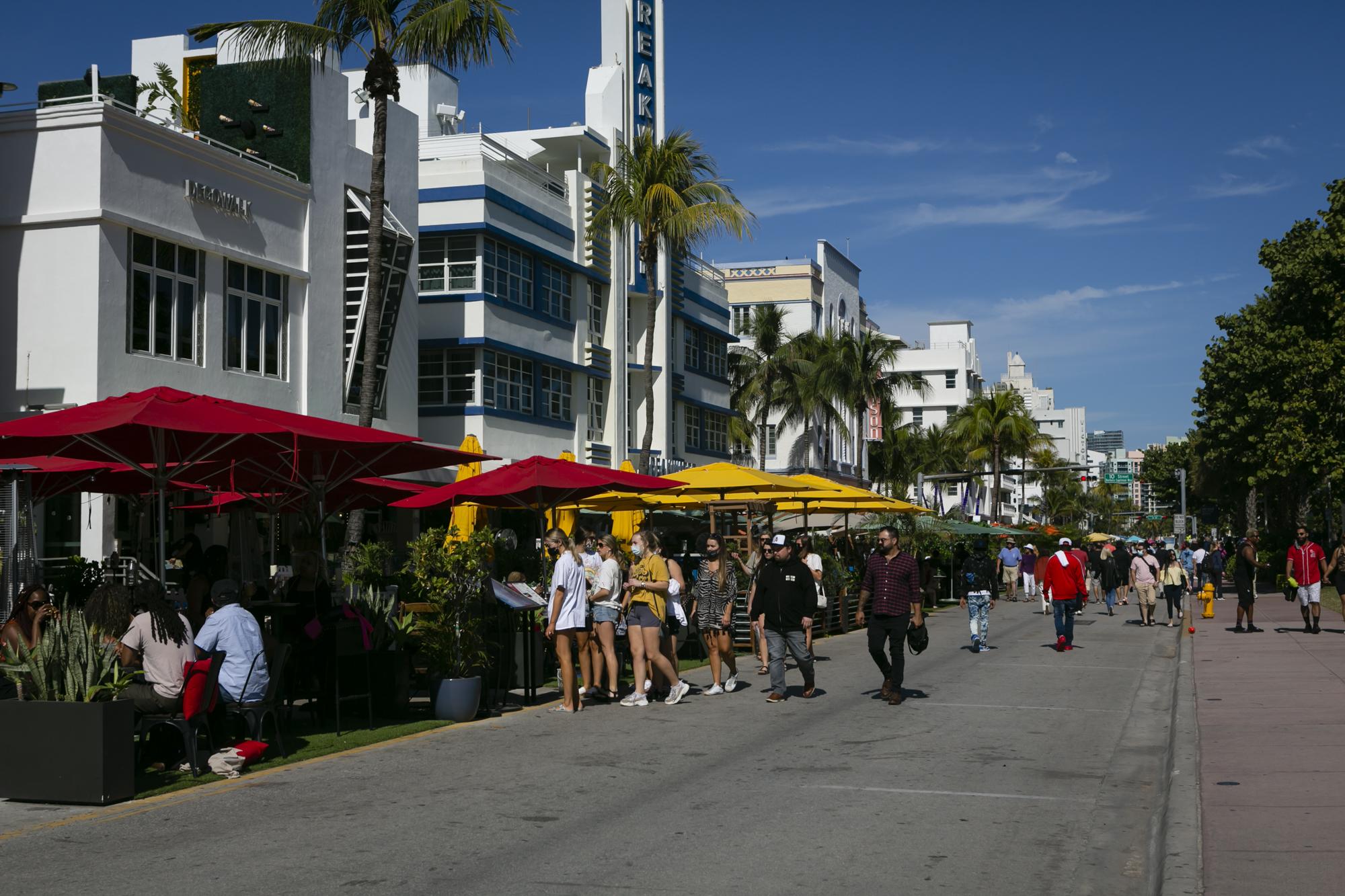 Miami with Covid-19 for ELLE Magazine - People are seen walking at Ocean Drive, in Miami Beach,...