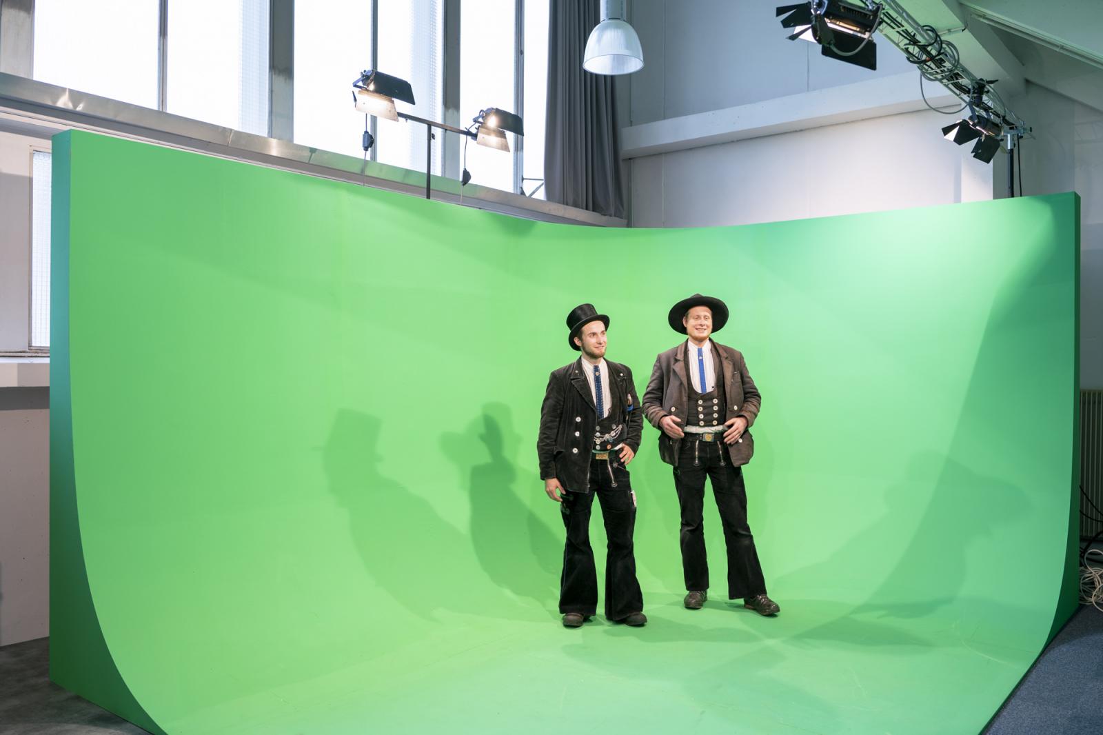   -  Matthias (L) and Ben stand on the green screen of the media studio at the University of Arts in...