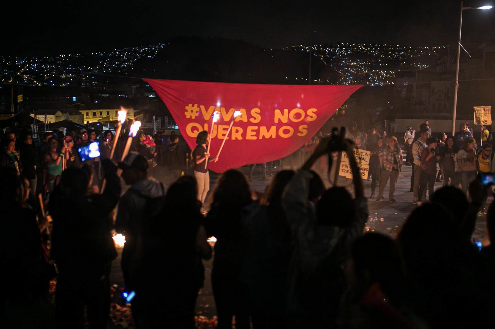 Demonstrators of the indigenous uprising in the afternoon of October 13, 2019, retreat in the middle of the rain before the launching of several tear gas bombs by the national police on the grounds of the Ecuadorean Culture House. Quito, Ecuador.  