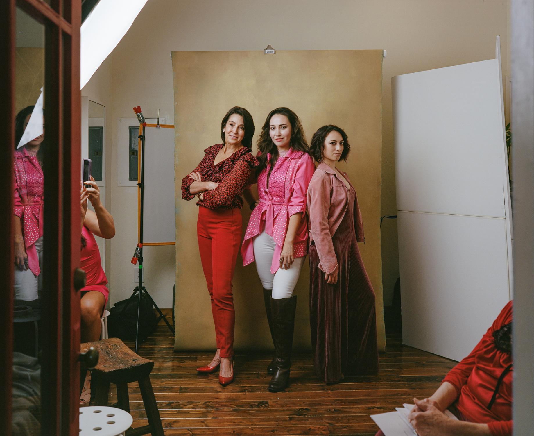 BTS image during a promo photoshoot for The Vagina Monologues Alameda. Seen here from left to right are Germaine Gaudet, Aya Hoja, and Natalie Cutler.