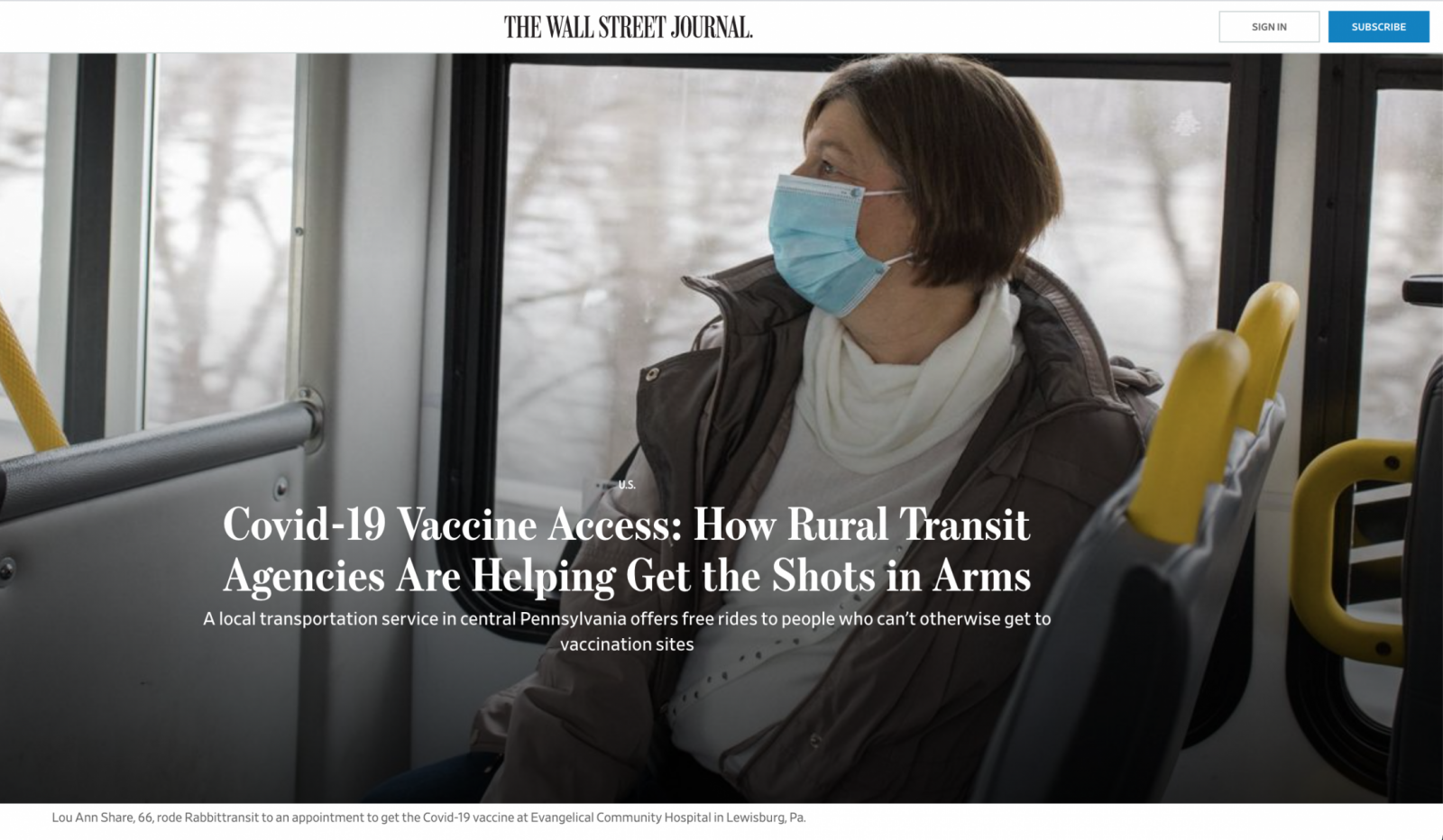 Thumbnail of on the Wall Street Journal: Covid-19 Vaccine Access: How Rural Transit Agencies Are Helping Get the Shots in Arms