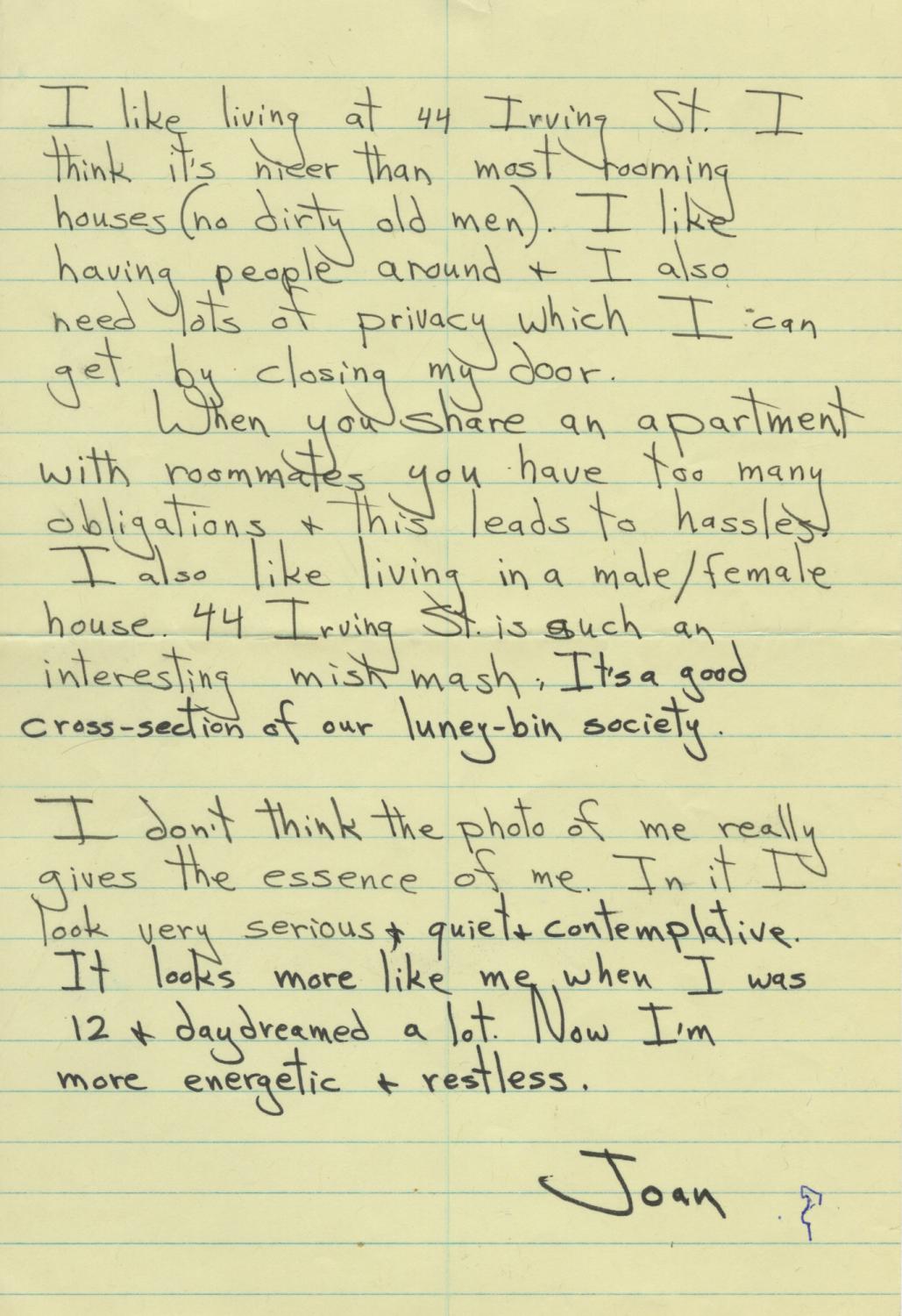 44 Irving Street - Joan Letter. 44 Irving Street, Cambridge, MA. 1971.