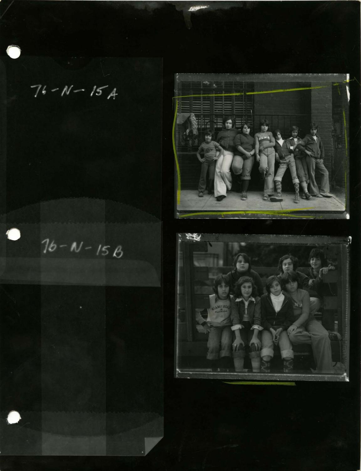 Contact sheet, Group portraits on Mott street, 1976