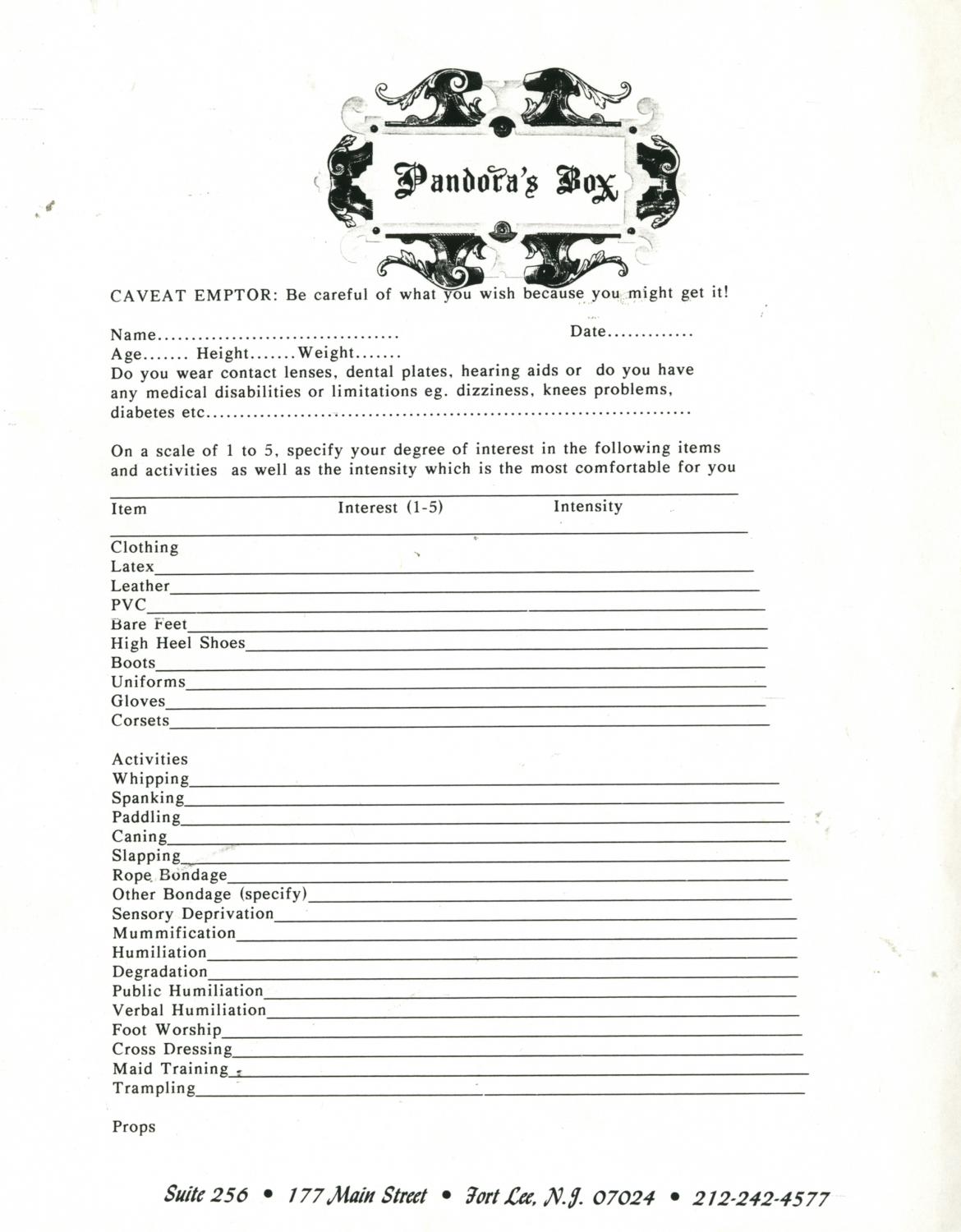 Pandora&#39;s Box client sheet, 1995 