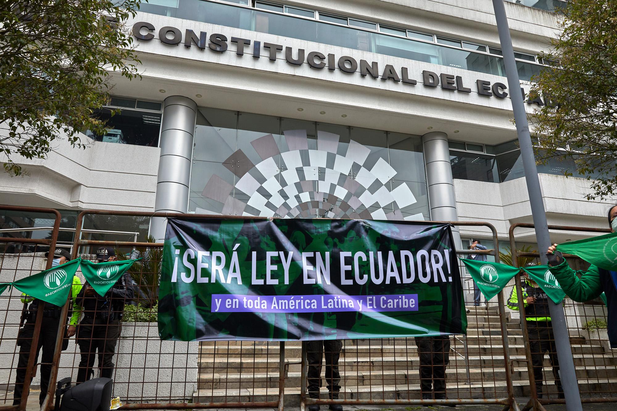 Front of the Constitutional Court of Ecuador guarded by the national police, while outside feminist and social groups hold a vigil while the decriminalization of abortion for rape is being discussed. April 28, 2021, Quito, Ecuador.