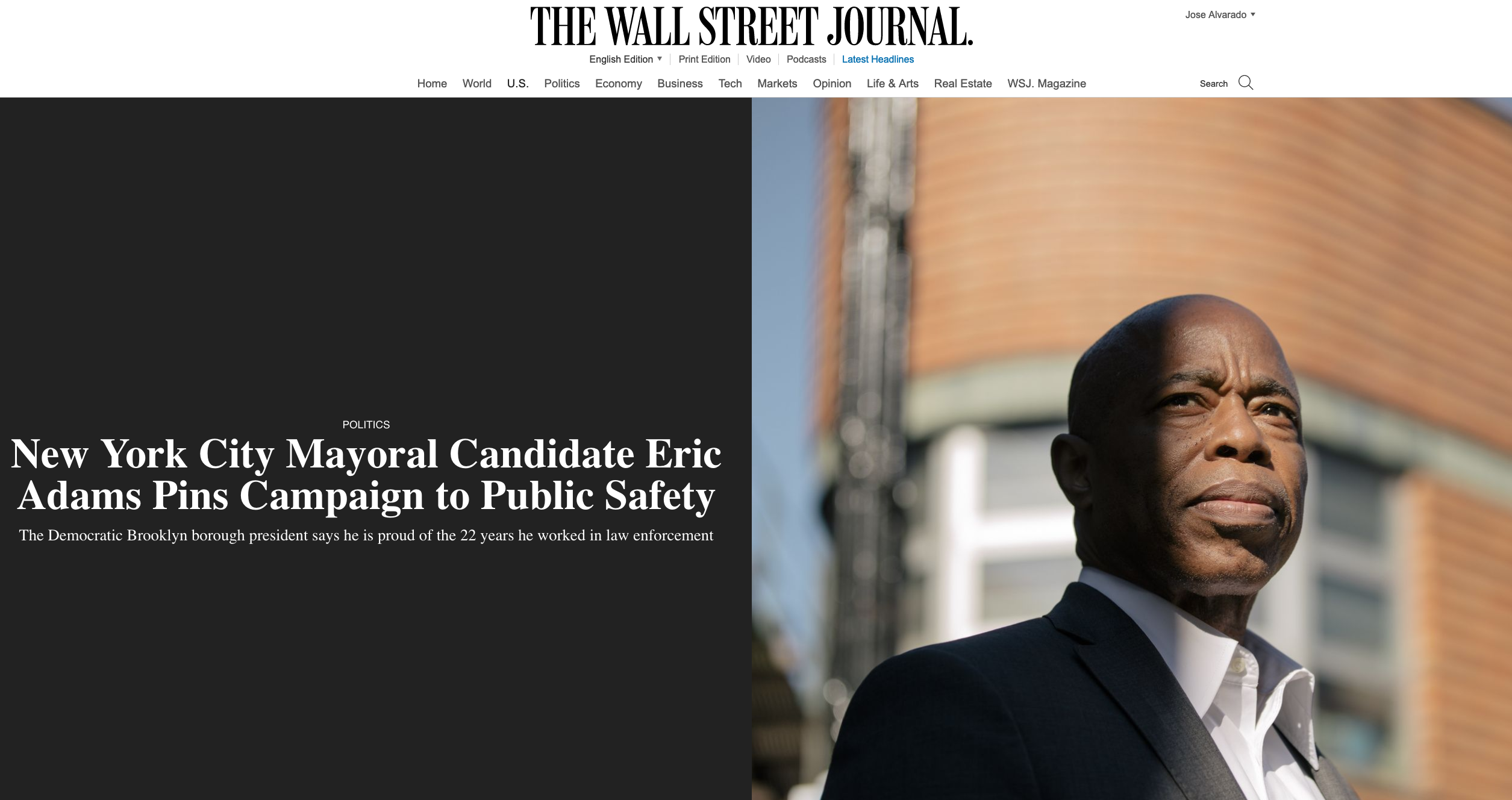for The Wall Street Journal: New York City Mayoral Candidate Eric Adams Pins Campaign to Public Safety 
