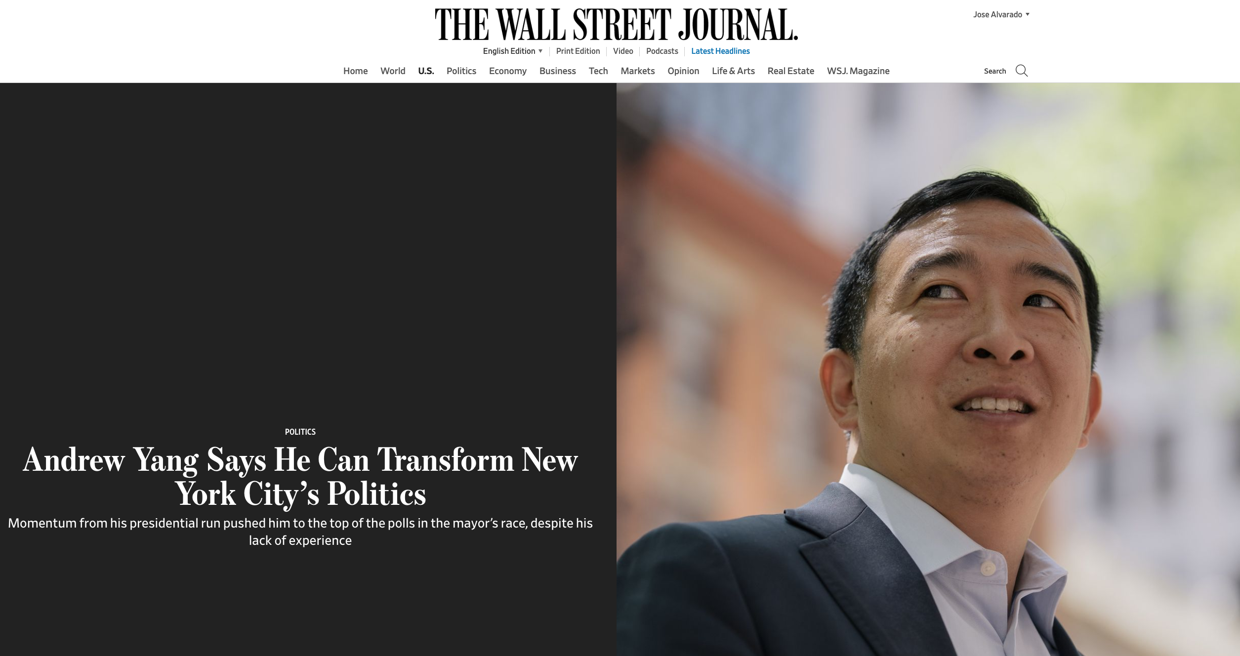 for The Wall Street Journal: Andrew Yang Says He Can Transform New York City's Politics 