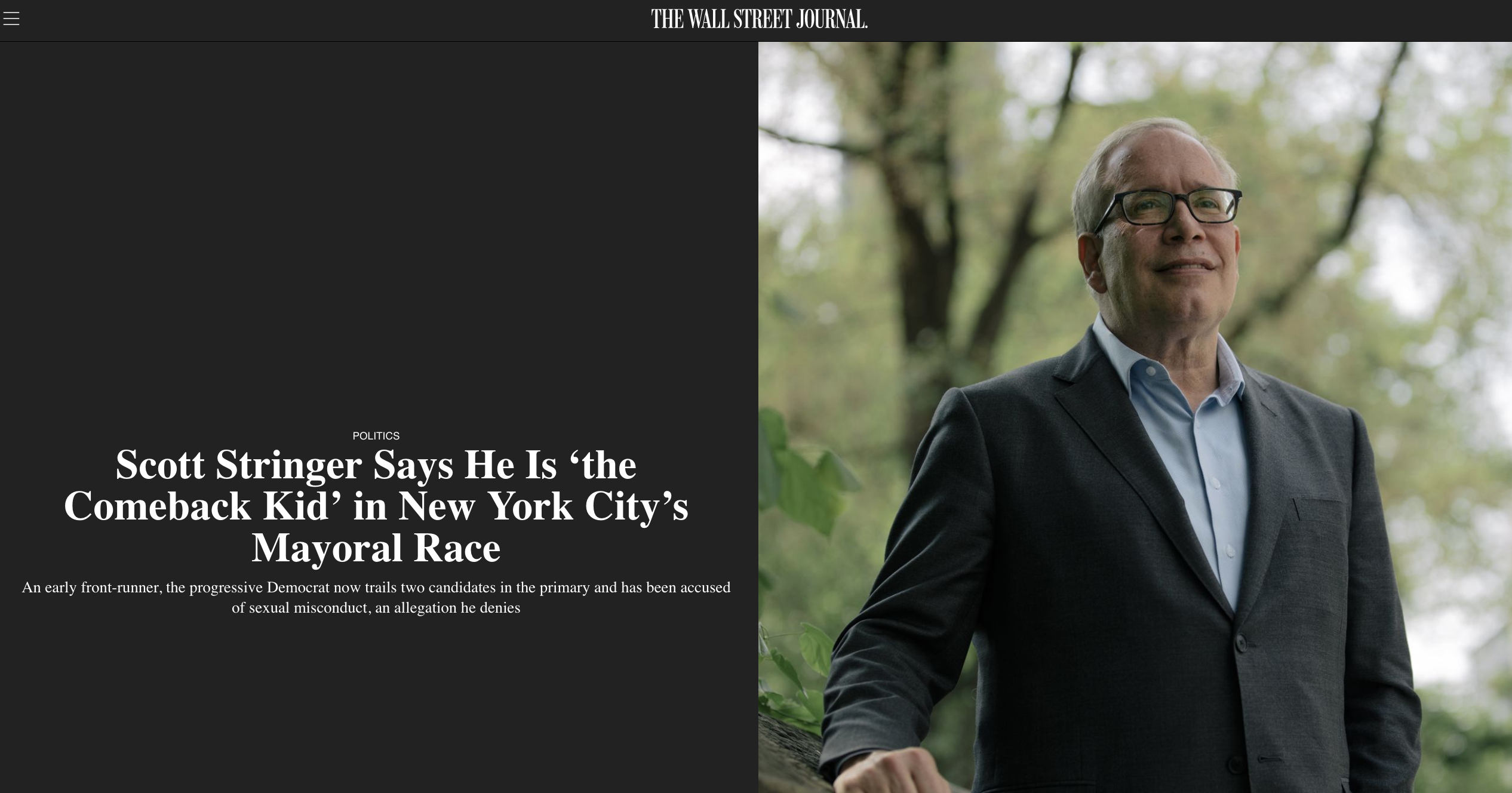 for The Wall Street Journal: Scott Stringer Says He Is "˜the Comeback Kid' in New York City's Mayoral Race 