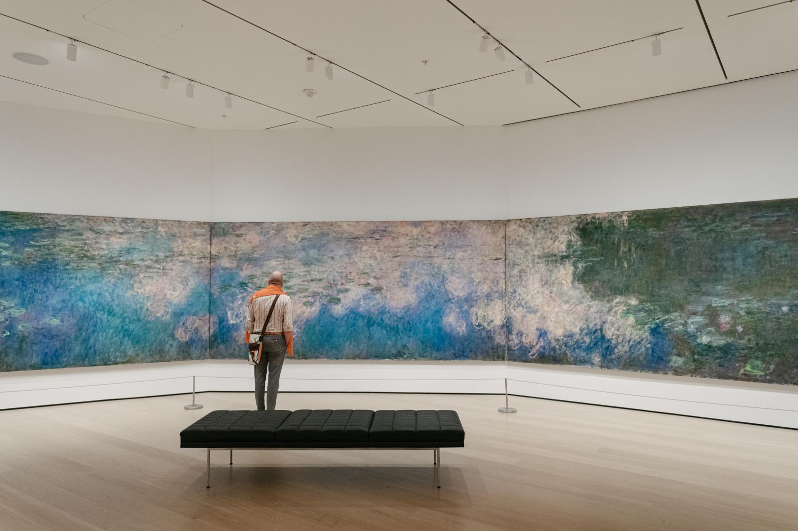 Museum goer in front of Monet&a...ies at the Museum of Modern Art