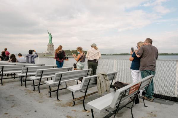 WSJ - New York's Star Attractions Are Reopening - Ferry on the way to the Statue of Liberty.