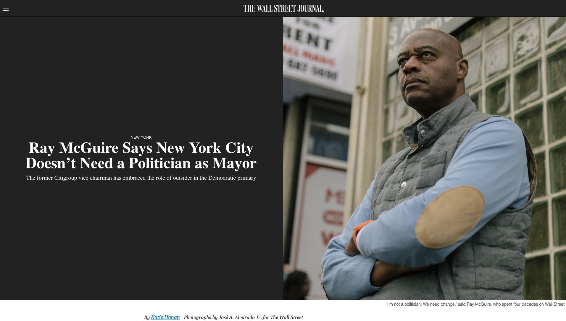 for The Wall Street Journal: Ray McGuire Says New York City Doesn't Need a Politician as Mayor