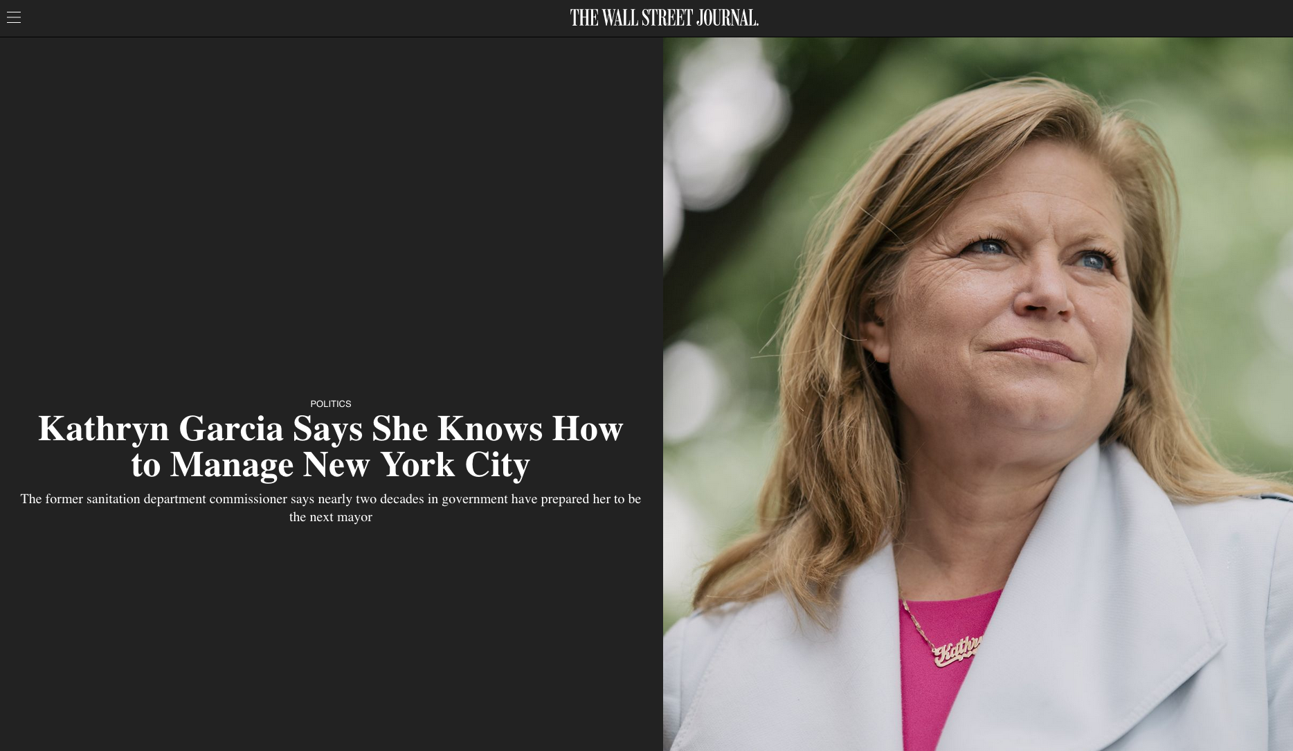 for The Wall Street Journal: Kathryn Garcia Says She Knows How to Manage New York City