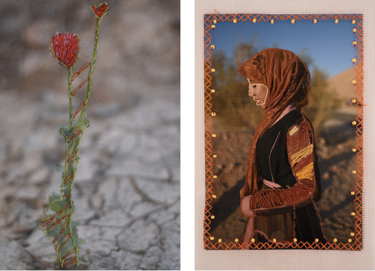 On National Geographic: In one of Egypt's most spiritual places, Bedouins find peace and resilience -  Left : A photograph of a flower sprouting from dry land embroidered by Om Anas from Al Tarfa...