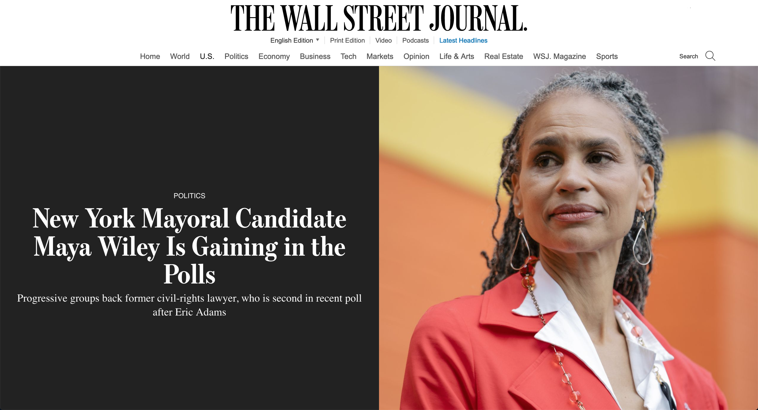for The Wall Street Journal: New York Mayoral Candidate Maya Wiley Is Gaining in the Polls 