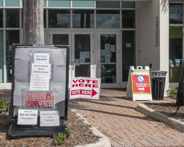 Weston, Fl &ndash; October 29, 2020: Signs at the Broward County Library Weston Branch - an early voting location. Credit: Andres Guerrero