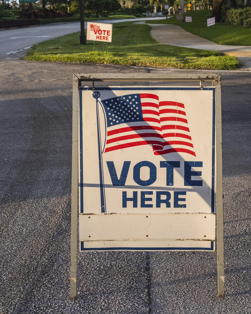 Weston, Fl. 2020 Election: Early Voters -  "Vote here" sign during election day at Weston...