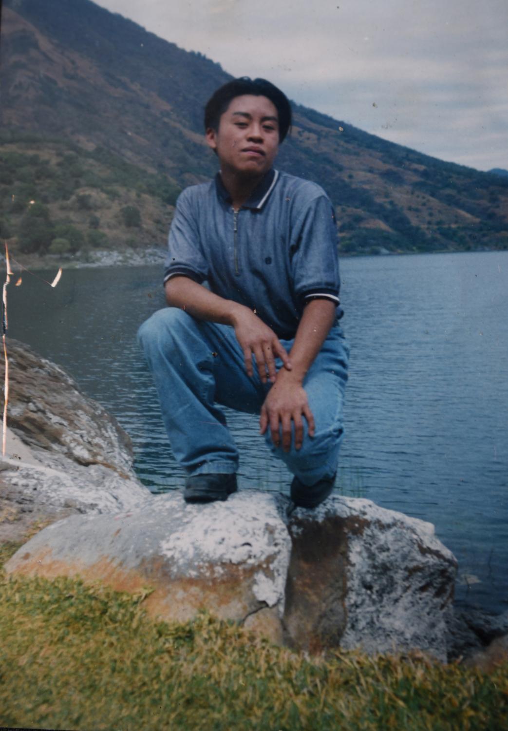 Photo archive 2005, Guatemala. Portrait of Juan Ratzan at the age of 22 in front of Lake Atitlan,...