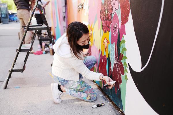 "New York is Back"? - Majo Barajas working on her mural at Underhill Walls. April 2020, Brooklyn.