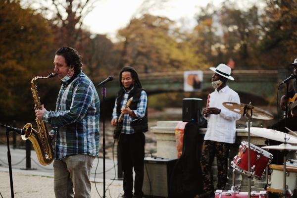 "New York is Back"? - Musicians playing in front of the boathouse in Prospect Park. November 2020, Brooklyn.