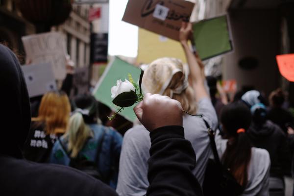 "New York is Back"? - Protestor holding fake flower with gloved hand during the George Floyd protests. June 2020,...