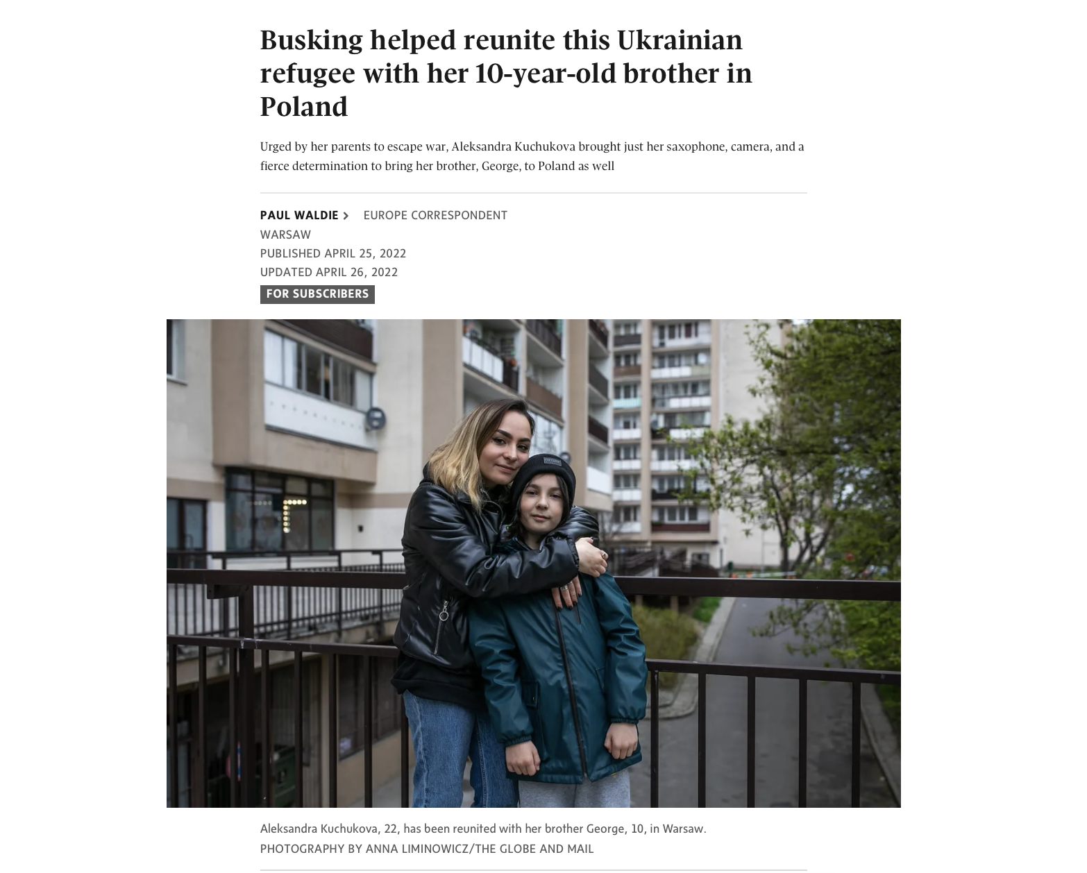 The Globe and Mail: Busking helped reunite this Ukrainian refugee with her 10-year-old brother in Poland