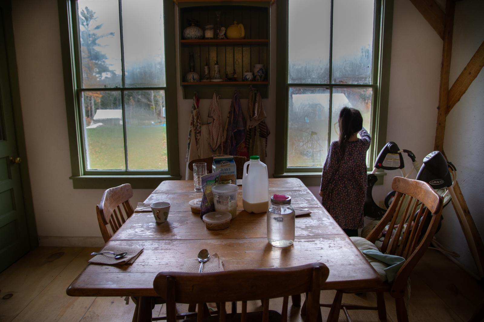 Lydia awaits for her breakfast ...me window, Bremen, Maine, 2014.