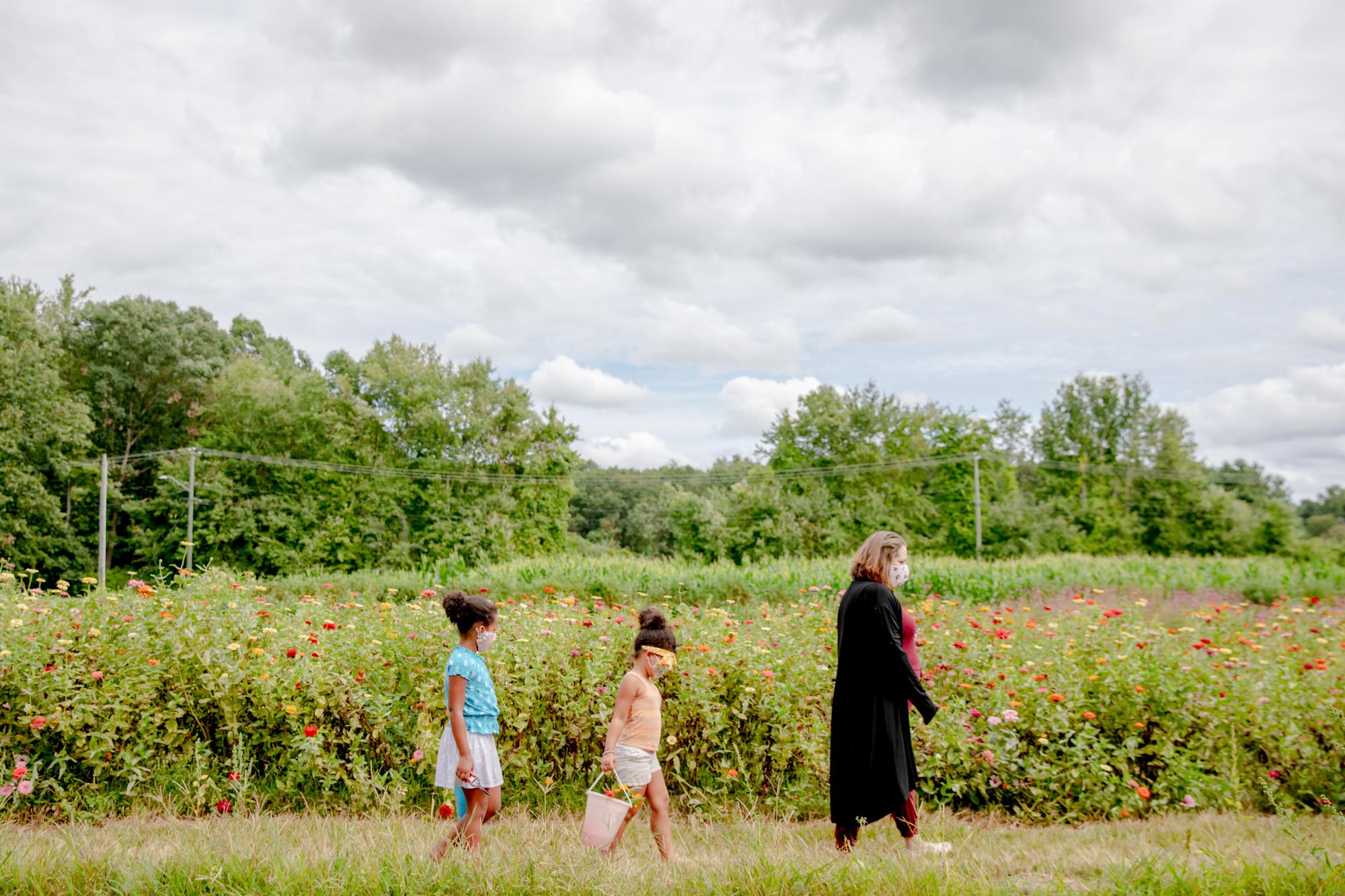 Anya Thompson, 7, Juliet Thompson, 5, and Corie Tracey, left to right, pick flowers at a farm in South Windsor. Her family replaced their summer vacation with small outdoor activities they can enjoy while social distancing. After staying home most of the summer, finding ladybugs and smelling flowers at the farm excited the girls. &quot;It&#39;s the challenge of making sure that they&#39;re not bored all day,&quot; Tracey said.
