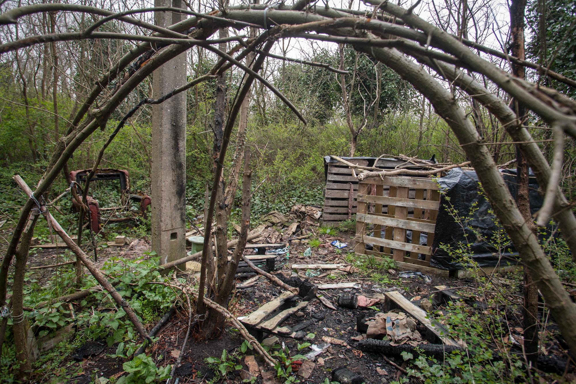 Migrants in Calais, France (2008) - Shelter burned by the police in the Garennes woods....
