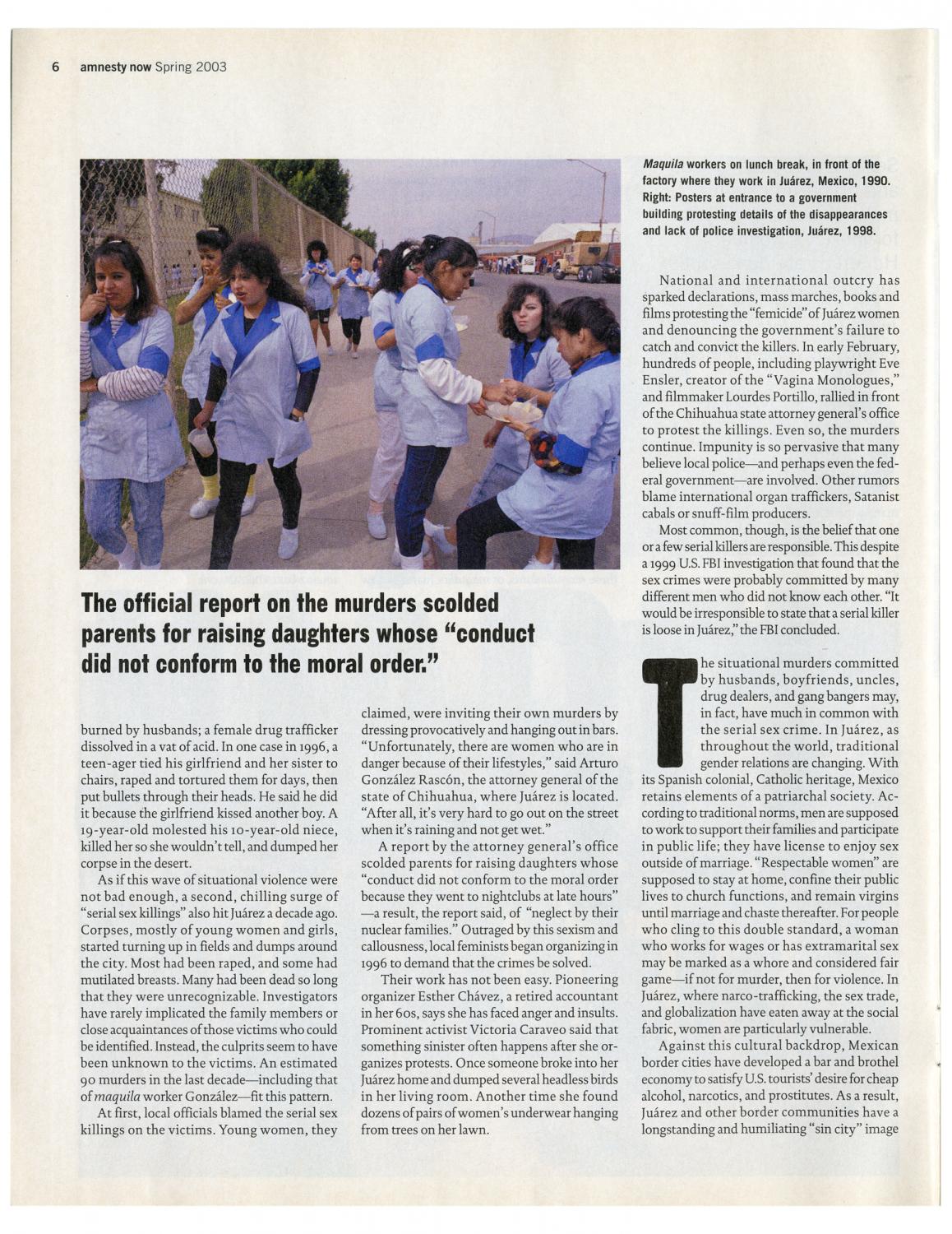 Missing Women of Juarez (1998) Search - Amnesty Now, Spring 2003.