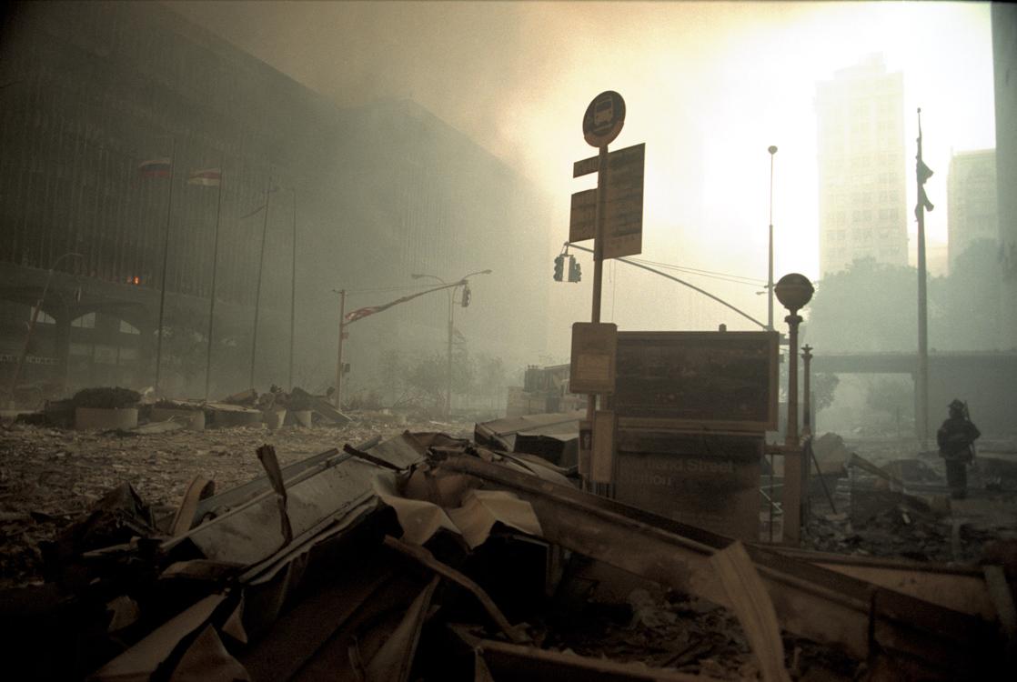 Terrorist attack on World Trade Center. Debris covers the Cortland Street subway entrance on...