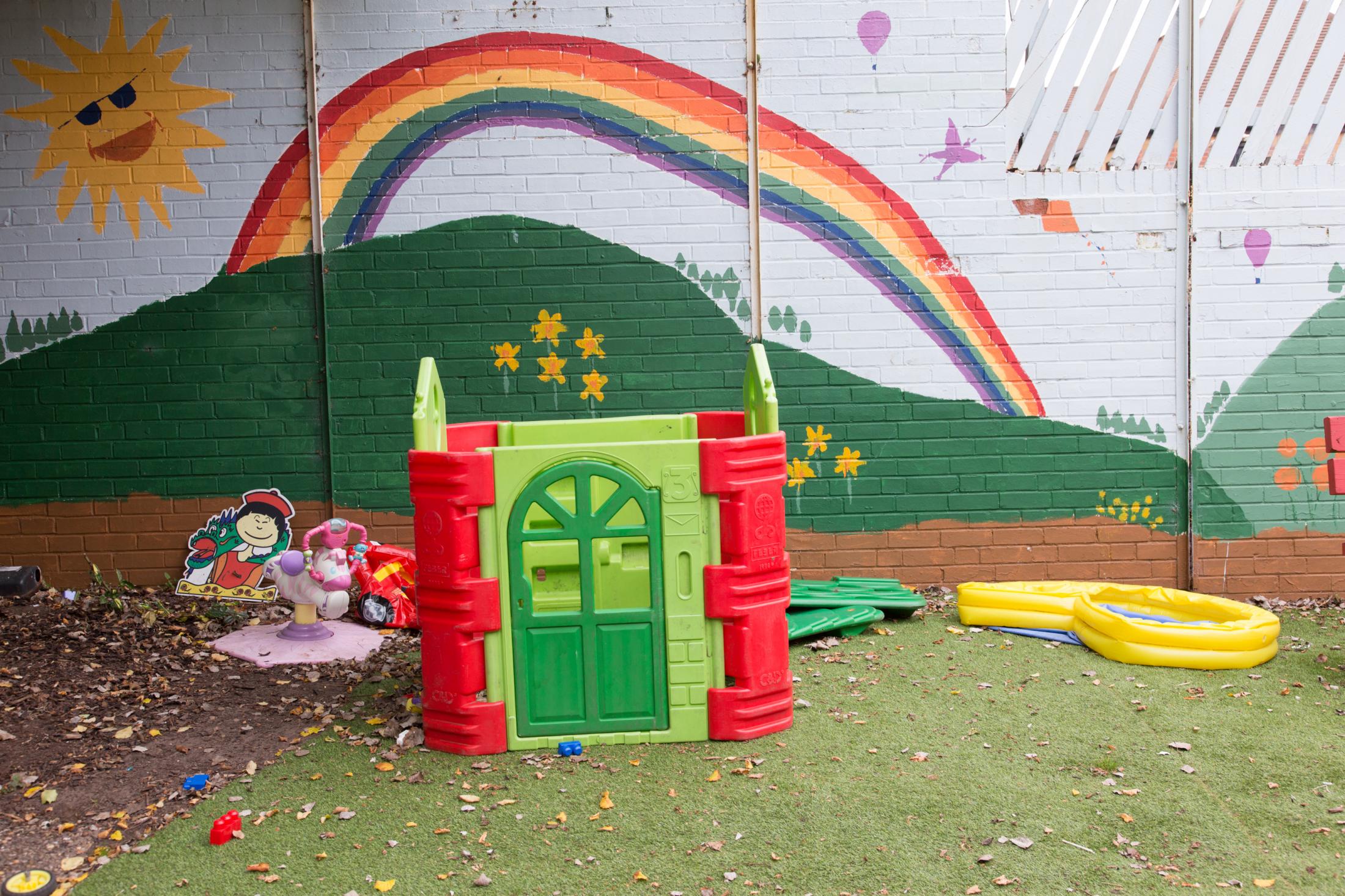 Children&rsquo;s play area, a refuge in the Black Country, UK 2015