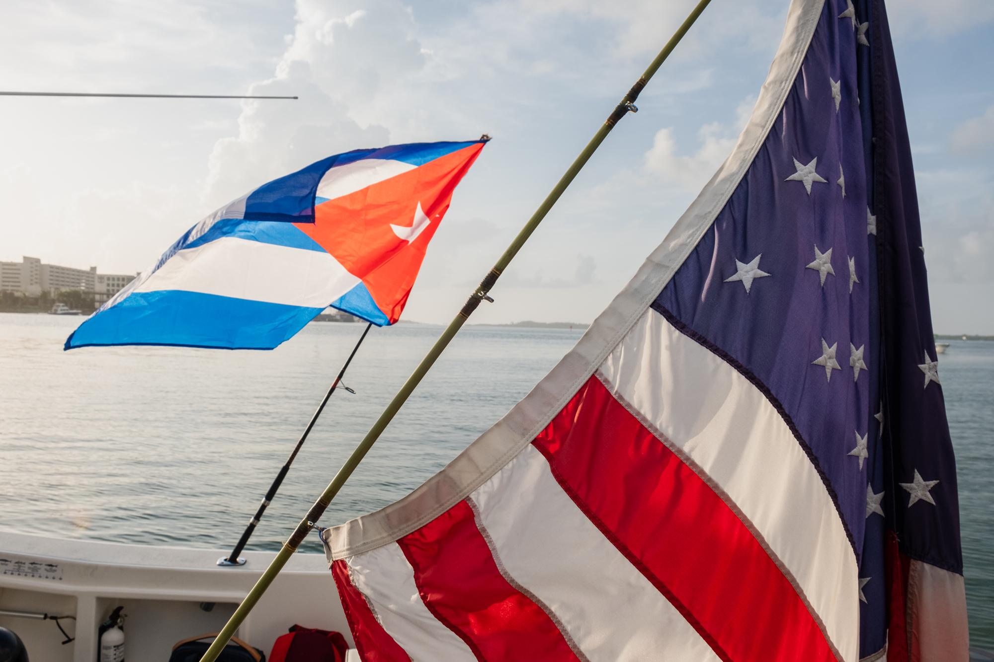  Cuban and US flags on boats that were part of a flotilla headed to Cuba in solidarity with the ongoing protests. Miami, Fl. July 23, 2021. Credit:...