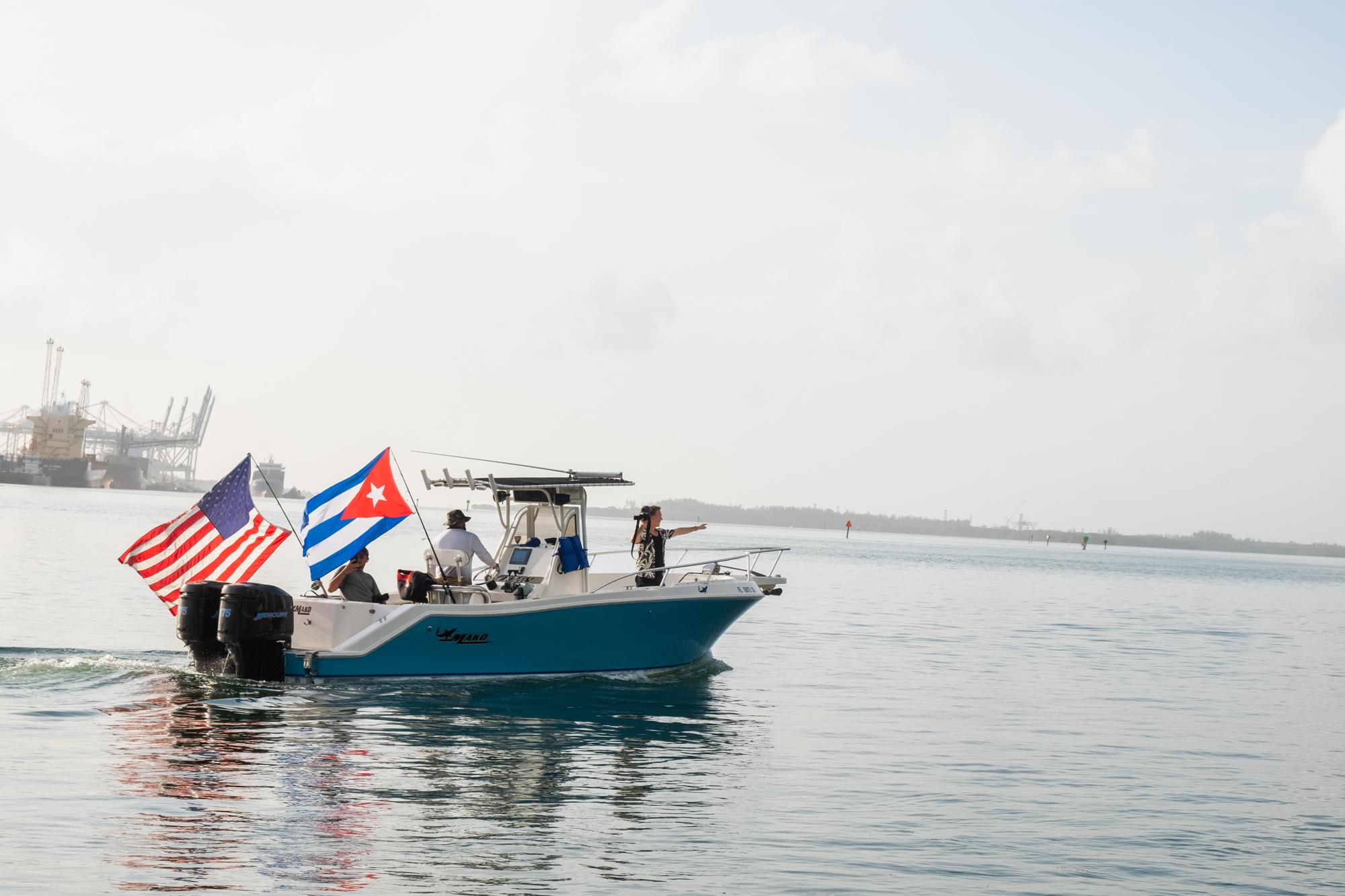 Miami, Florida. Cuban Protests July 23-26 2021 -  Flotilla organizer, Alain (boat captain), and his crew...