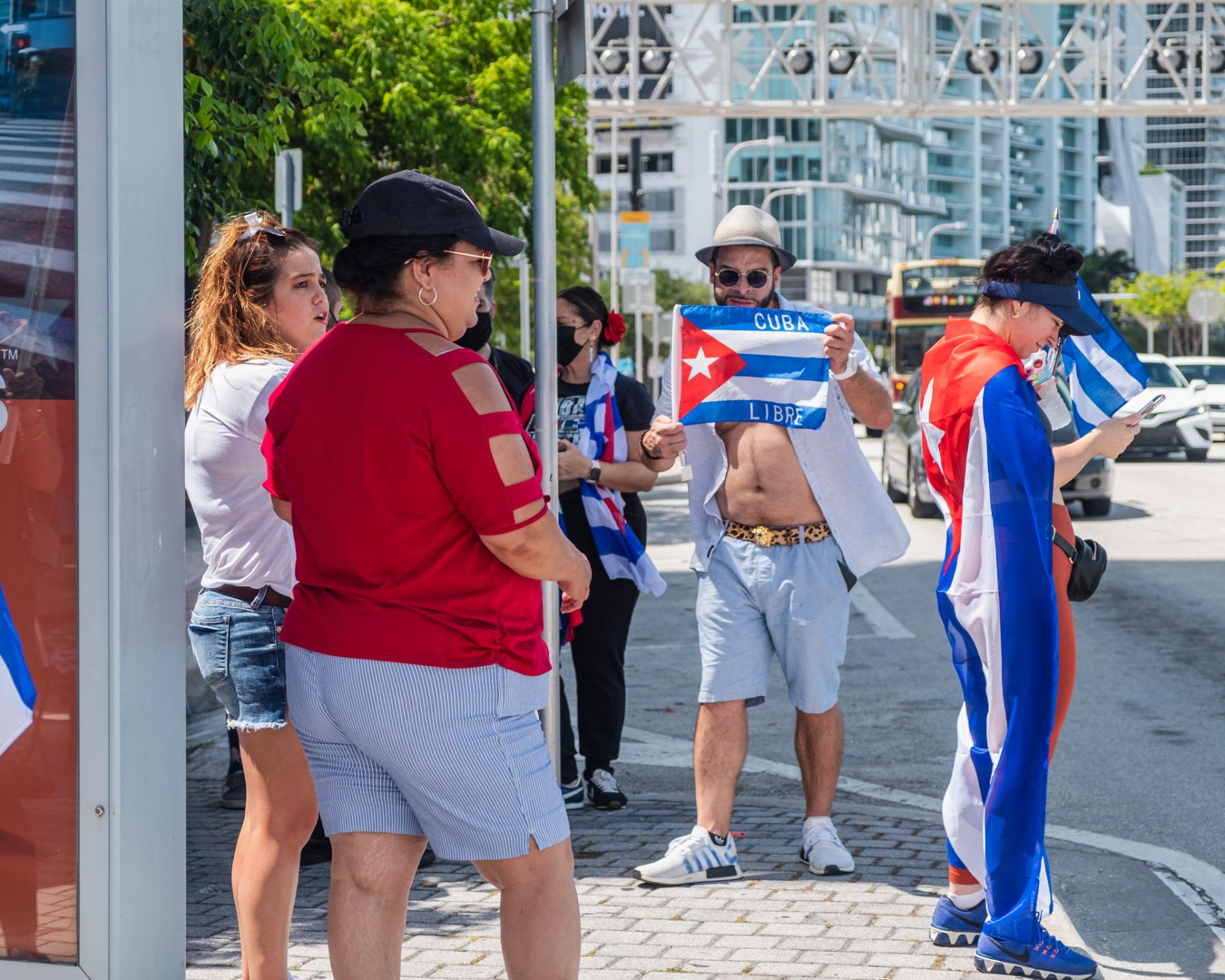 Miami, Florida. Cuban Protests July 23-26 2021 -  Protestors waved Cuban flags and chanted at the Freedom...