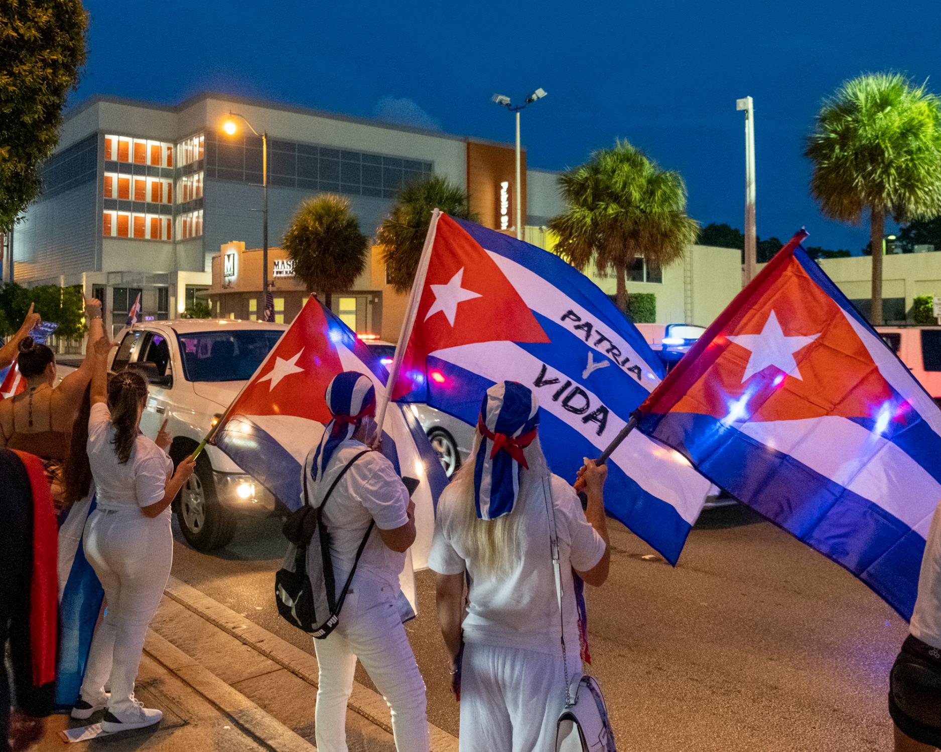 Miami, Florida. Cuban Protests July 23-26 2021 -  Protestors waved Cuban flags and chanted at Versailles...