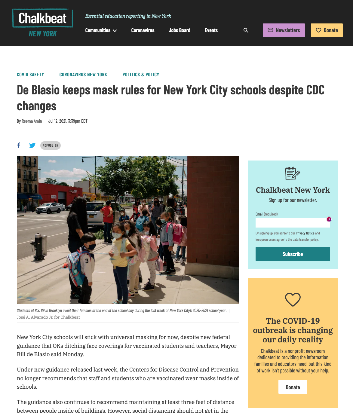 for Chalkbeat: De Blasio keeps mask rules for New York City schools despite CDC changes 