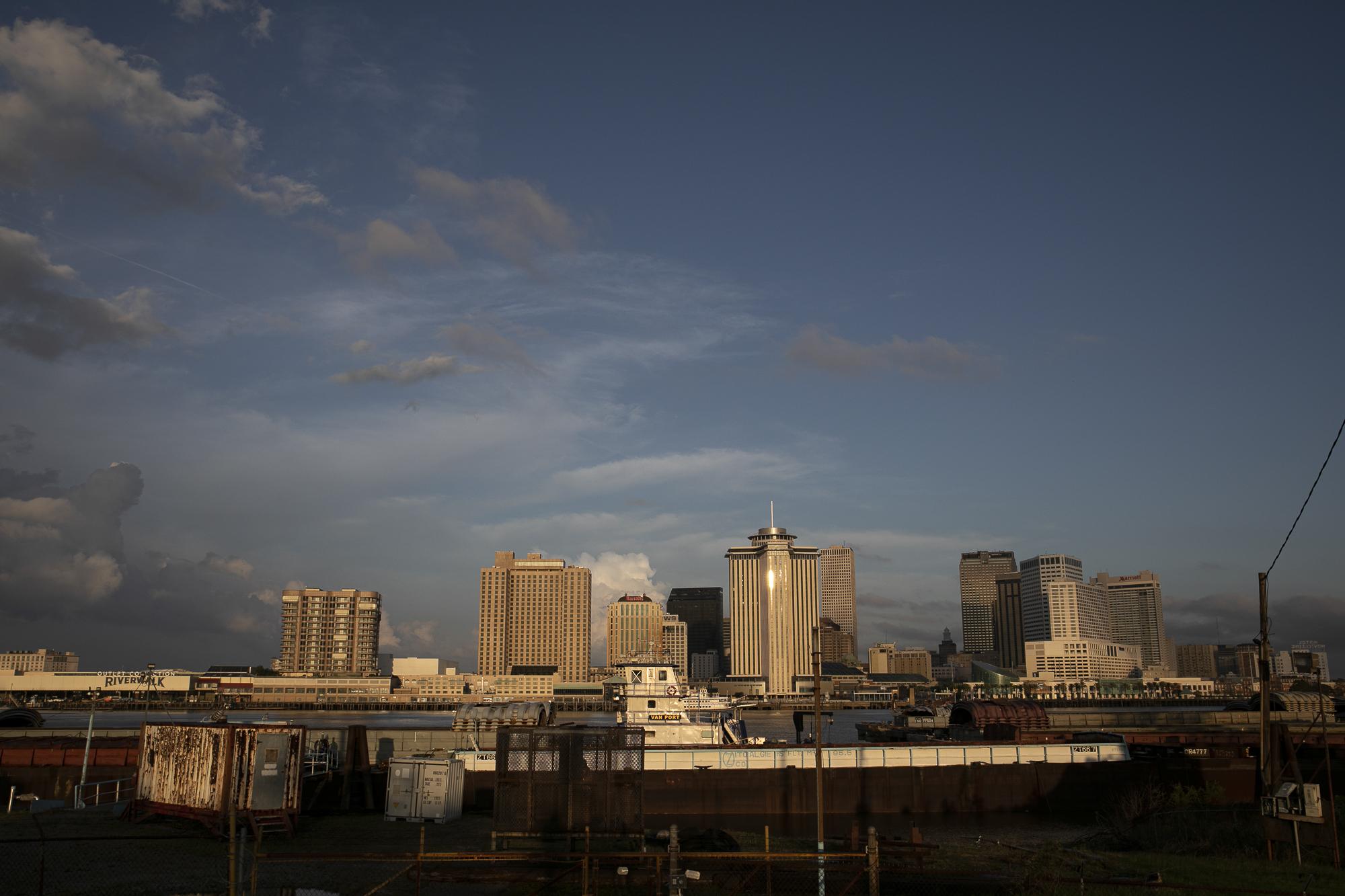 Hurricane Ida in Louisiana - A view of downtown New Orleans at dawn during a blackout...
